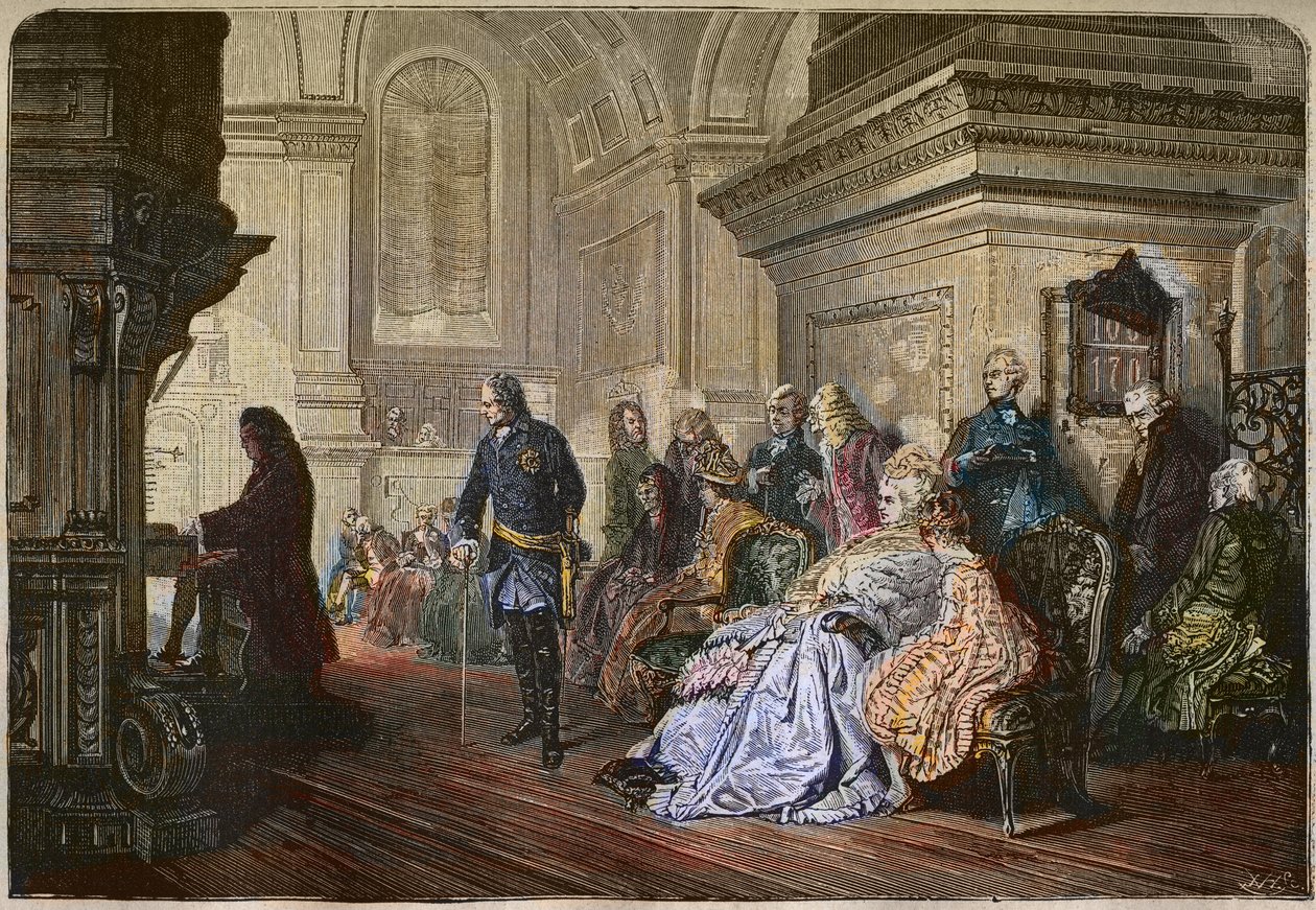 II. Nagy Frigyes porosz király (1712-1786) hallgatja Jean Sebastian Bach zeneszerzőt udvaron játszó Kaulbach festménye után metszet – II. Nagy Frigyes, porosz király, Johann Sebastian Bach orgonánál, Sanssouciban. alkotó: Hermann Kaulbach
