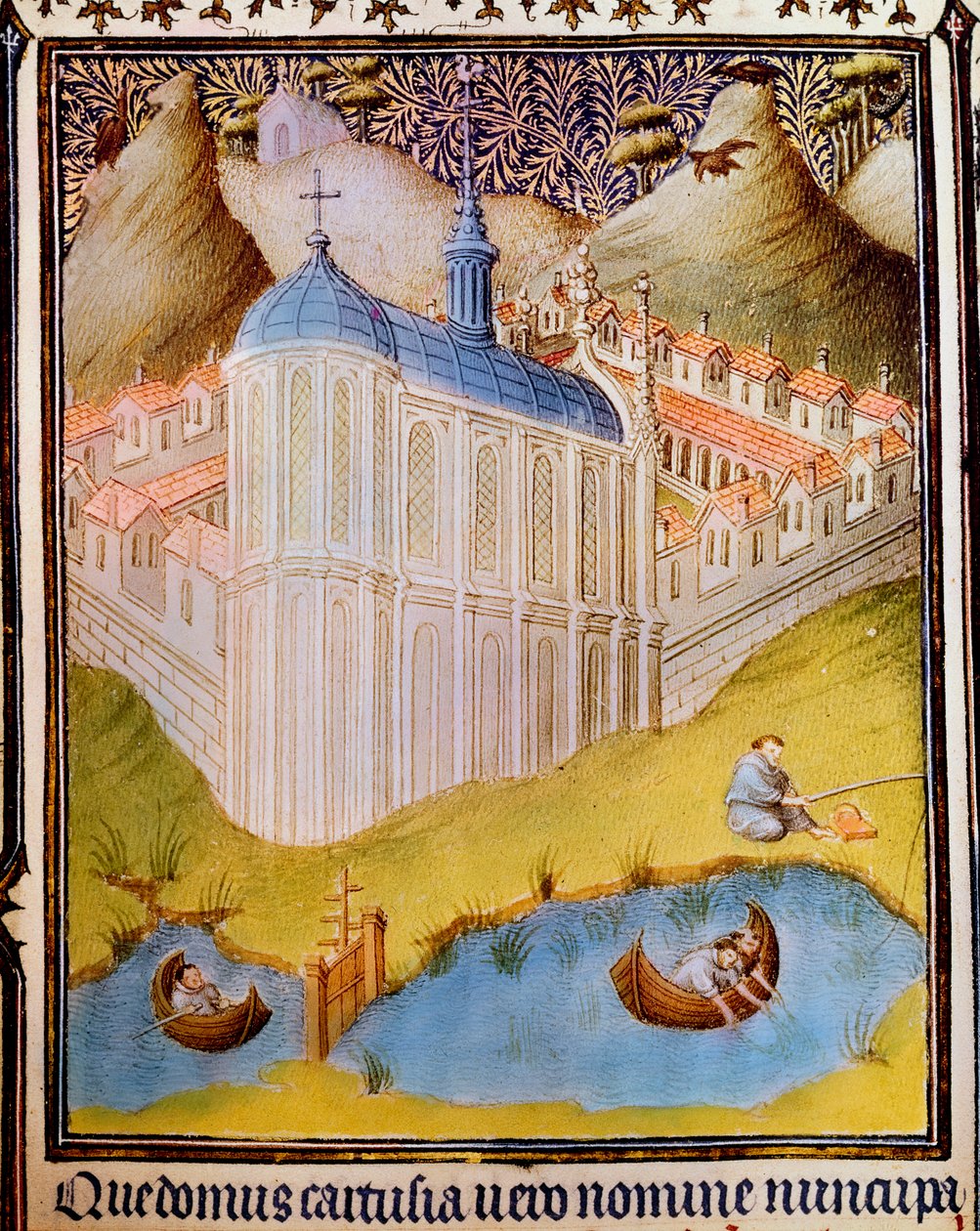 Karthauzi szerzetesek halakat hálóznak és horgasnak a franciaországi Chartreuse-i halastavakban, 15. század alkotó: Hermann Limbourg