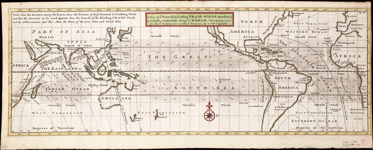 Az általános és part menti passzátszelek, monszunok vagy a világot átszelő passzátszelek, változatok... a legújabb és legpontosabb megfigyelések szerint, 1715 körül (színes metszet). alkotó: Hermann Moll