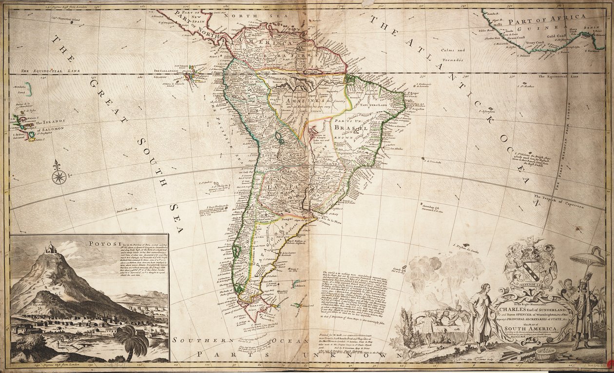 Dél-Amerika térképe, 1715 körül (színes metszet) alkotó: Hermann Moll
