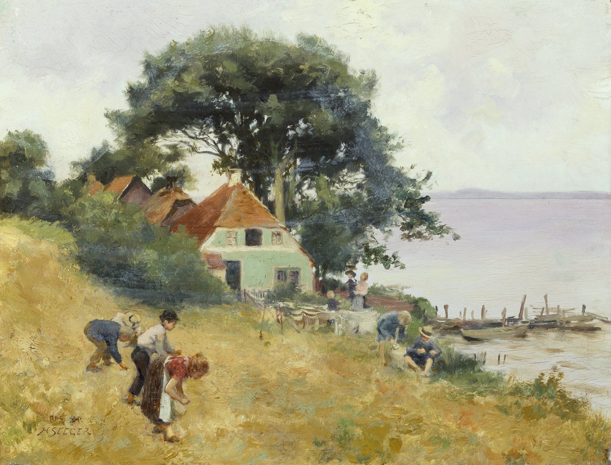 Gyerekek gyűjtögetnek egy tó mellett, 1900-1910 körül (olaj a táblán) alkotó: Hermann Seeger