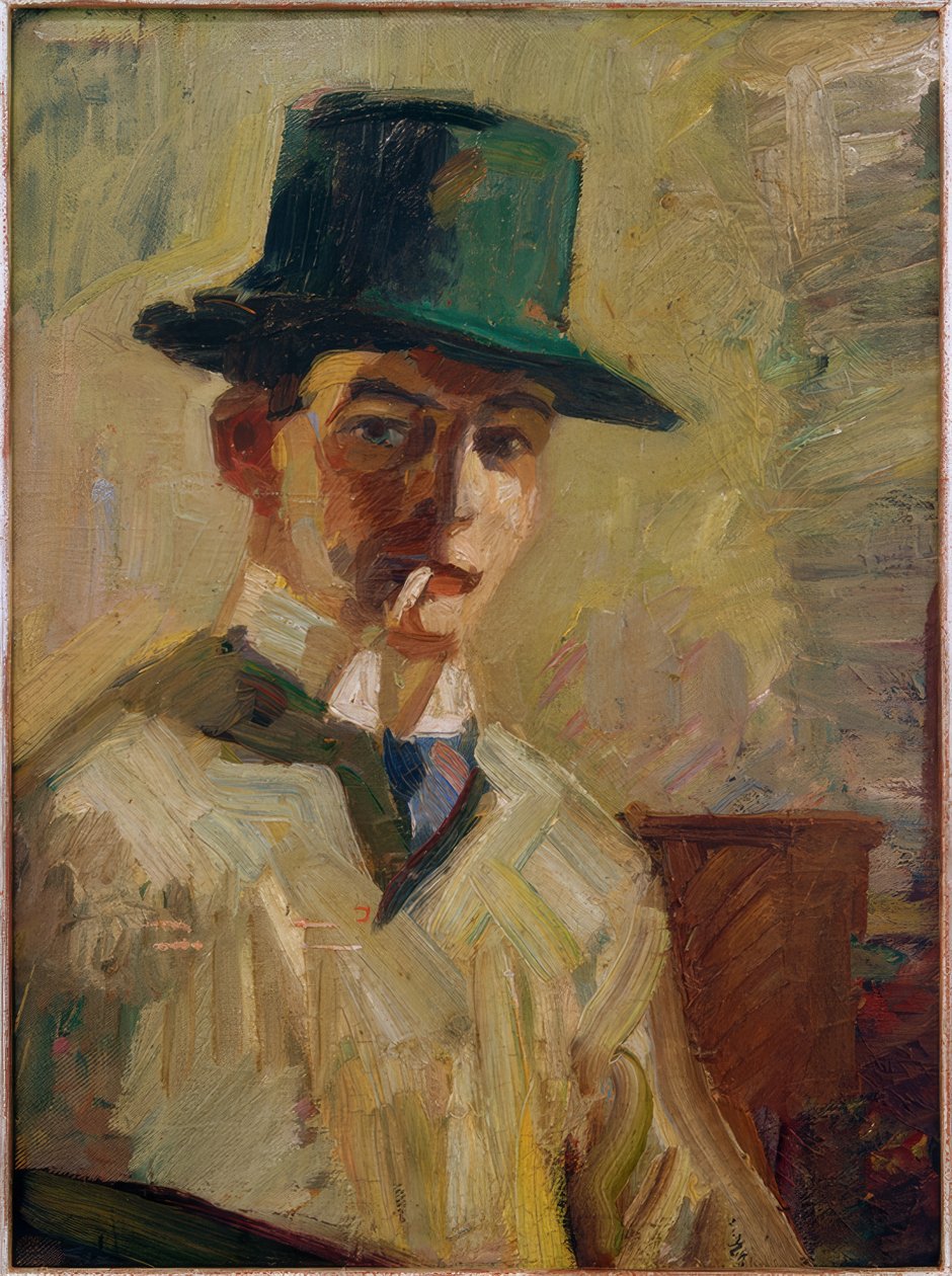 Önarckép magas kalappal és cigarettával alkotó: Hermann Stenner