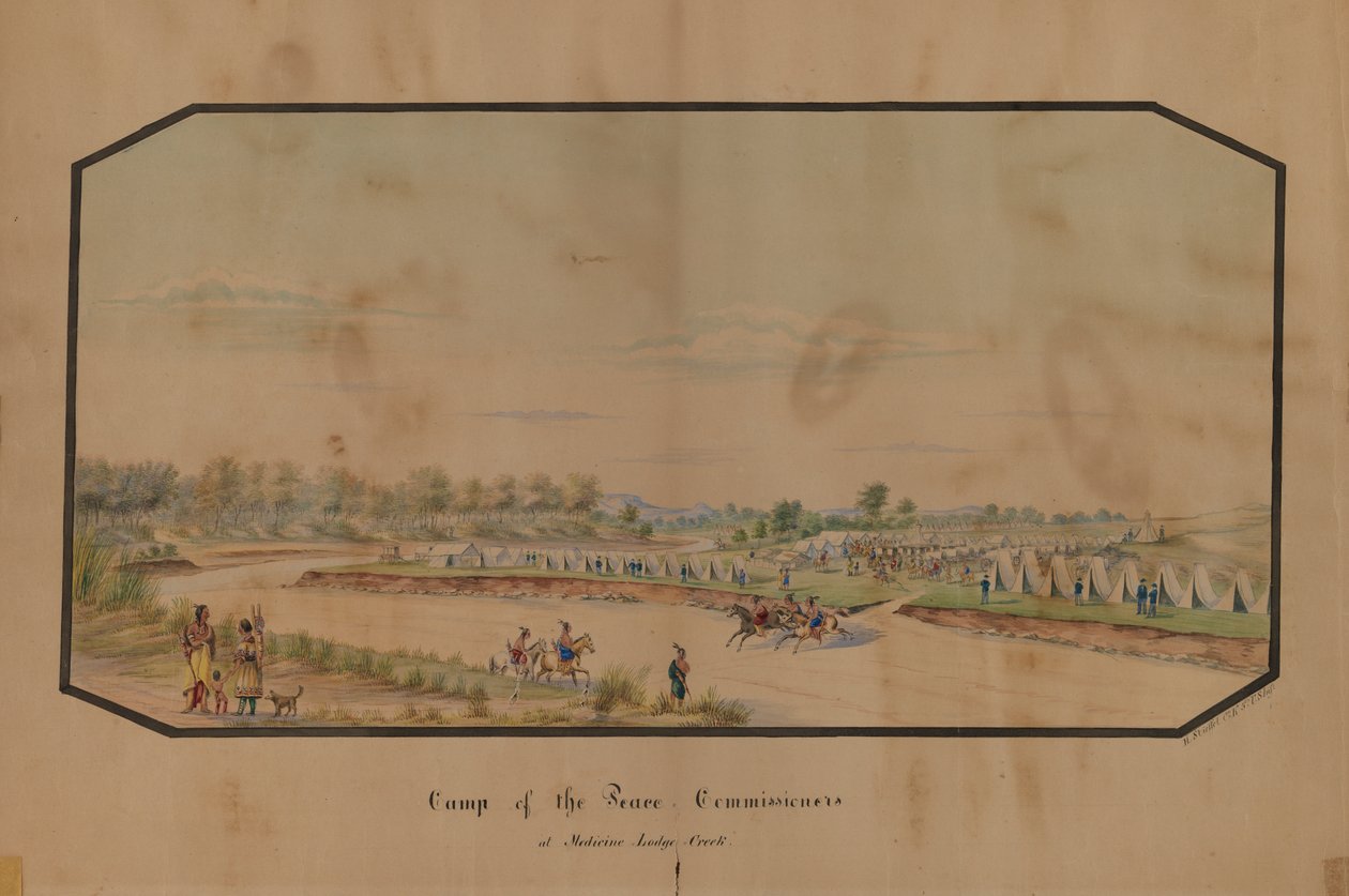 A békebiztosok tábora Medicine Lodge Creekben, 1867. alkotó: Hermann Stieffel