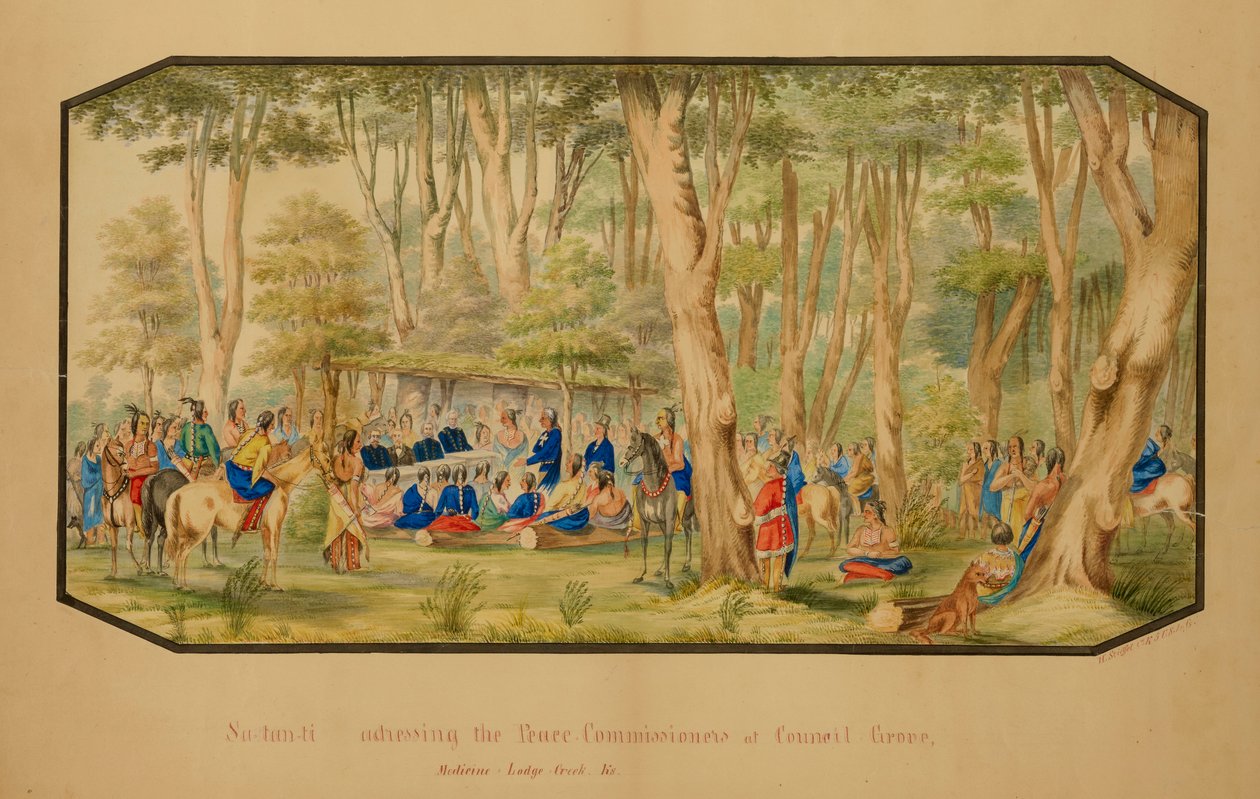 Sa-tan-ti beszéde a békebiztosokhoz a Council Grove-ban, Medicine Lodge Creek-ben, 1867. alkotó: Hermann Stieffel