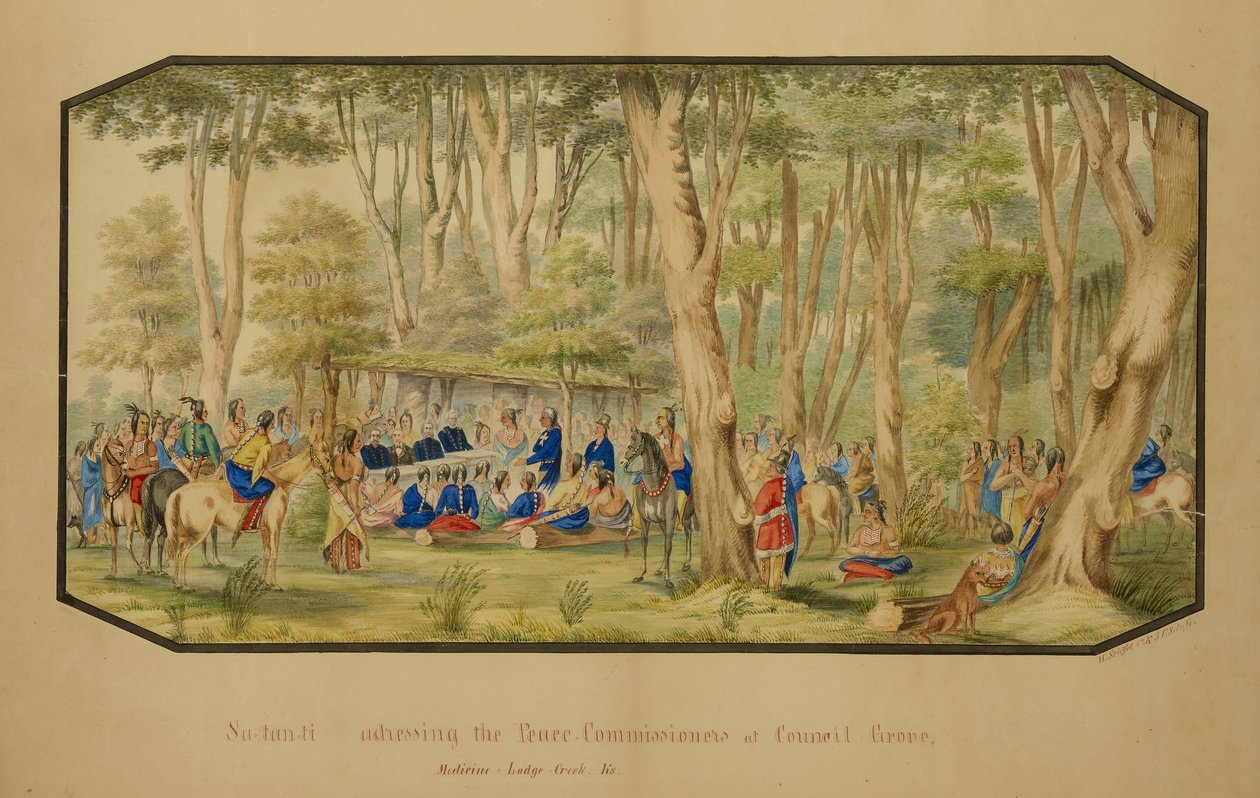 Sa-tan-ti beszéd a békebiztosokhoz a Council Grove-ban, Medicine Lodge Creeknél alkotó: Hermann Stieffel