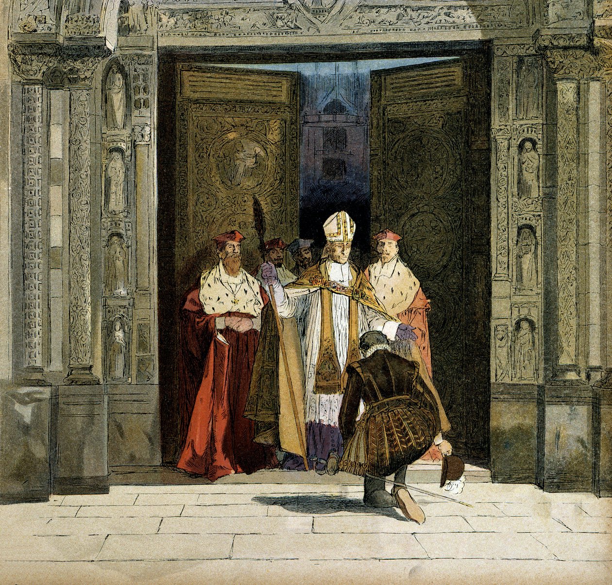 IV. Henrik (1553-1610) elítélése a Saint Denis-i apátságban a bourges-i boltív, Renaud de Beaune (1527-1606) jelenlétében. A király 1593. július 25-én elítélte a protestantizmust. Hermann Vogel (1856-1918) illusztrációja: „IV. Henrik” alkotó: Hermann Vogel