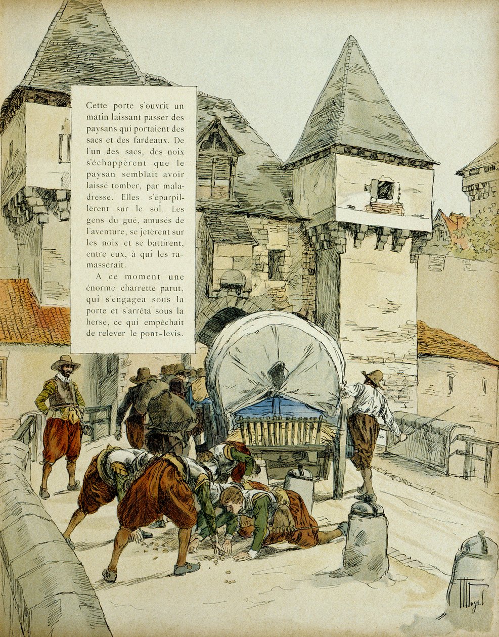 Amiens meglepetés. A spanyolok 1597. március 11-én egy trükk segítségével elfoglalták Amiens városát úgy, hogy kocsival blokkolták a boronát. Illusztráció, 1907, Hermann Vogel alkotó: Hermann Vogel
