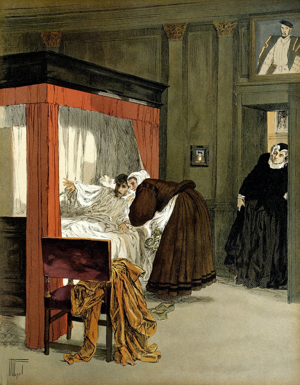 IX. Károly (1550-1574), francia király, dajkájával együtt haldoklik. Hermann Vogel (1856-1918) illusztrációja a „" Henri IV"-ben alkotó: Hermann Vogel