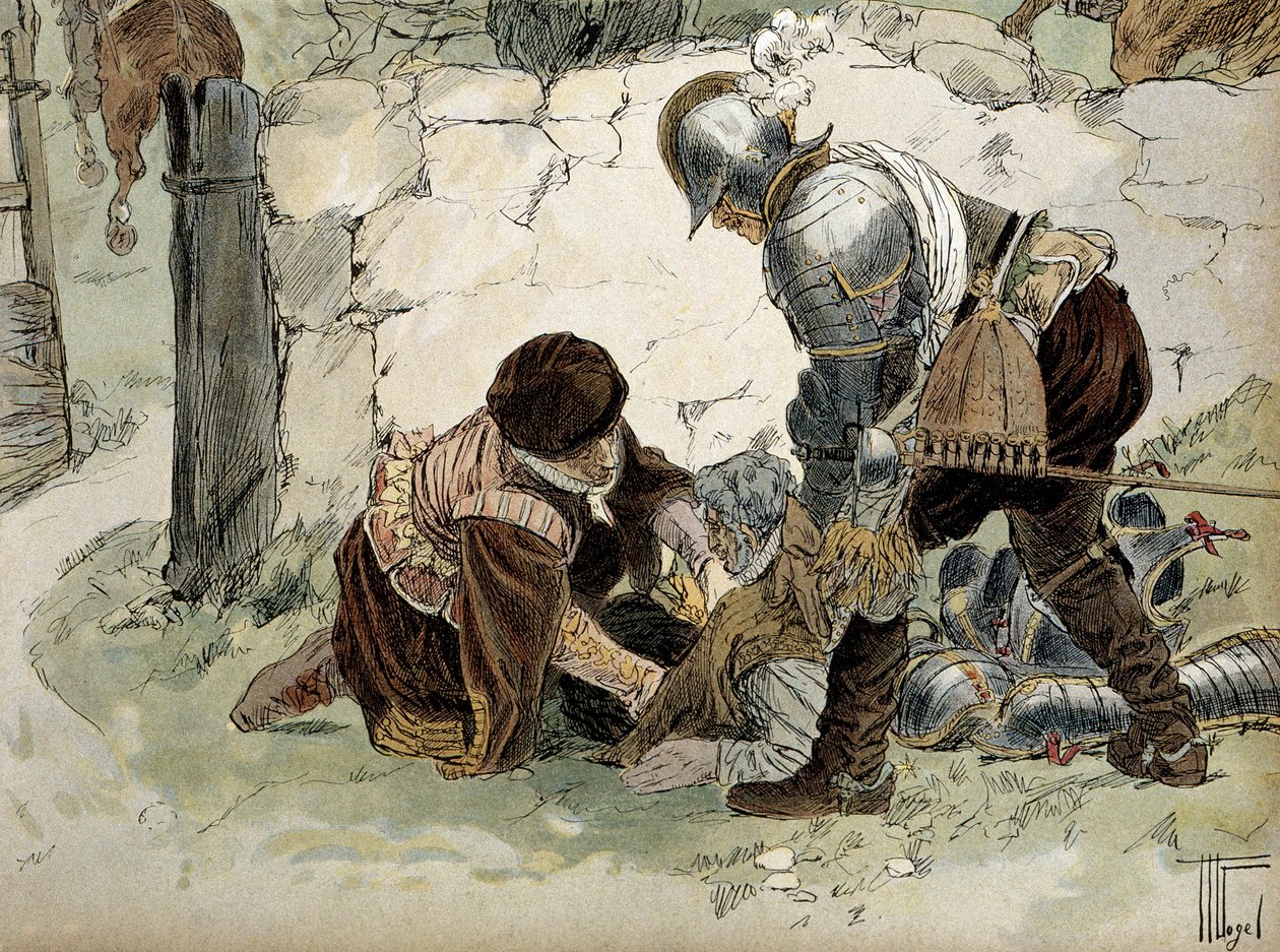 IV. Henrik (1553-1610) megsérült a Mayenne-i hadsereg elleni Aumale-i felderítés során. Hermann Vogel (1856-1918) illusztrációja a „" Henri IV"-ben alkotó: Hermann Vogel