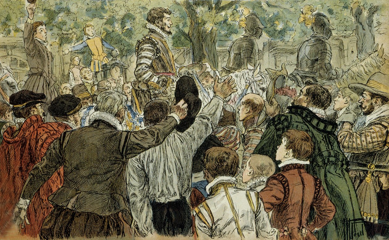 Henri de Guise (1549-1588), a Katolikus Liga vezetője, akit a párizsiak tapsoltak a barikádok napja (1588. május 12.) után. Illusztráció 1907, Hermann Vogel (1856-1918). Particuliere gyűjtemény. alkotó: Hermann Vogel