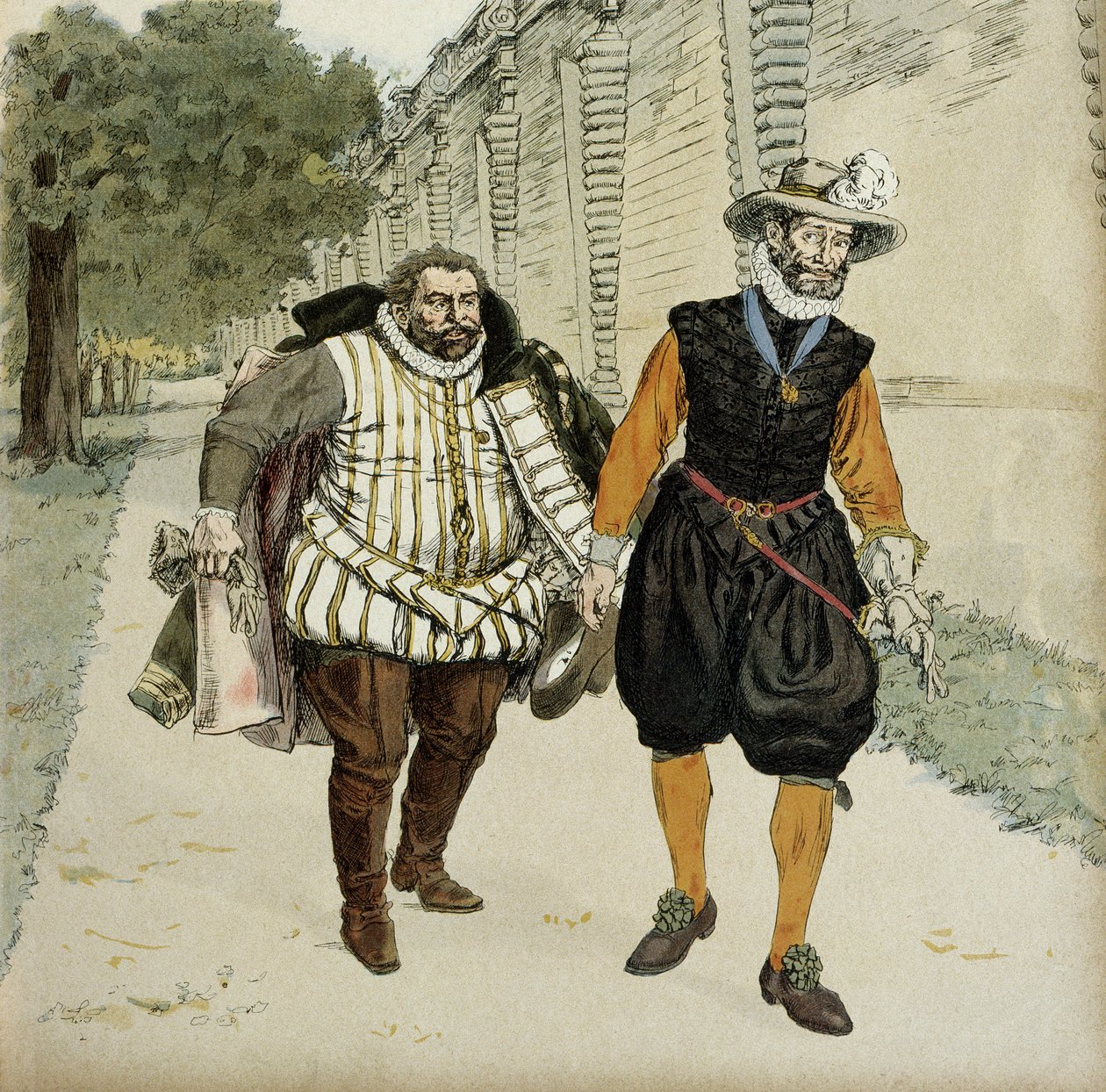 IV. Henrik (1553-1610) és Charles de Lorraine, Mayenne hercege (1554-1611). Az első megbékélési interjú a két ellenség, Mayenne, a legueurs és a király vezére között, a Chateau de Montceaux kertjében, a Brie-ben, 1596-ban. Illusztráció alkotó: Hermann Vogel