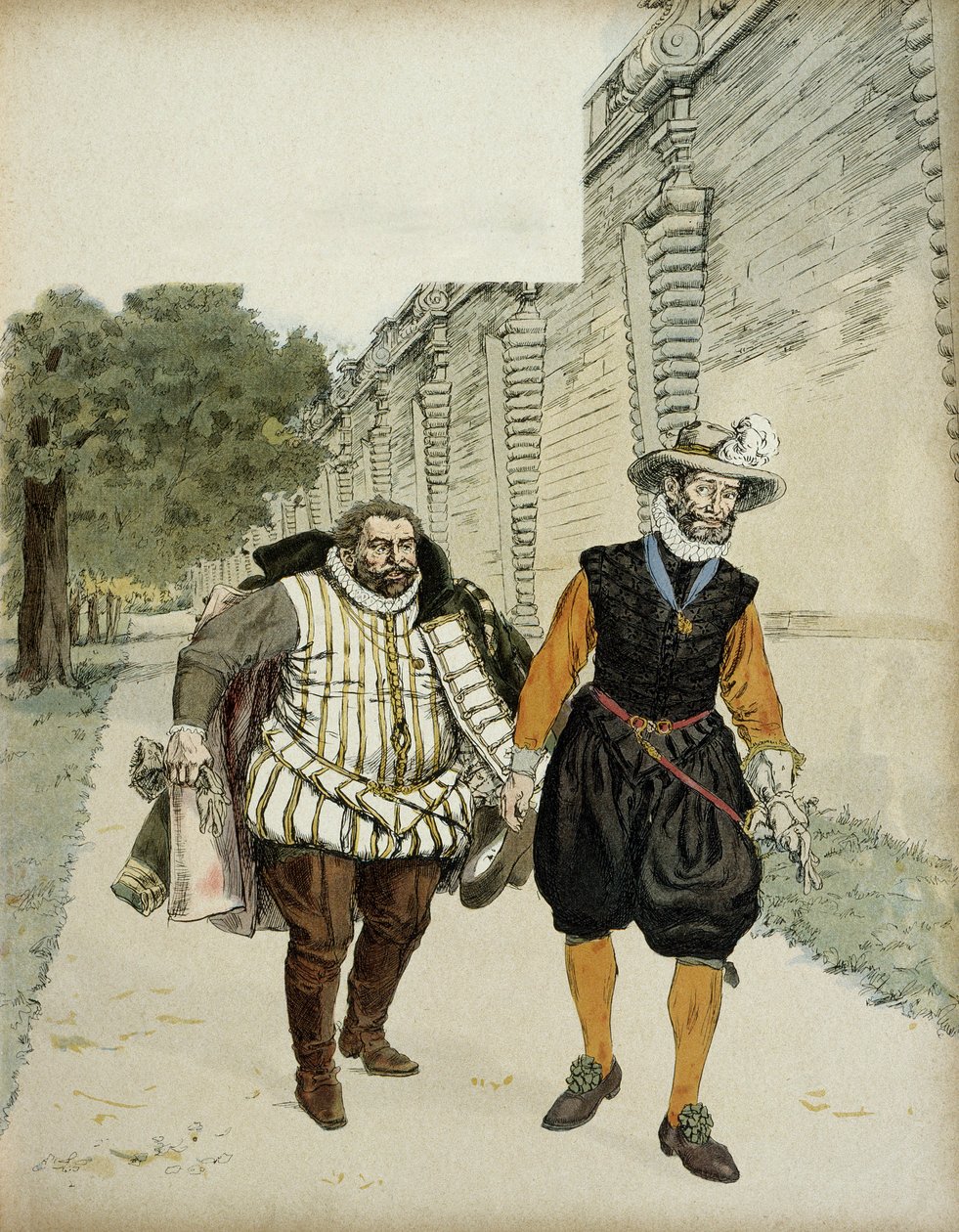 IV. Henrik (1553-1610) és Charles de Lorraine, Mayenne hercege (1554-1611). Az első megbékélési interjú a két ellenség, Mayenne, a legueurs és a király vezére között, a Chateau de Montceaux kertjében, a Brie-ben, 1596-ban. Illusztráció alkotó: Hermann Vogel