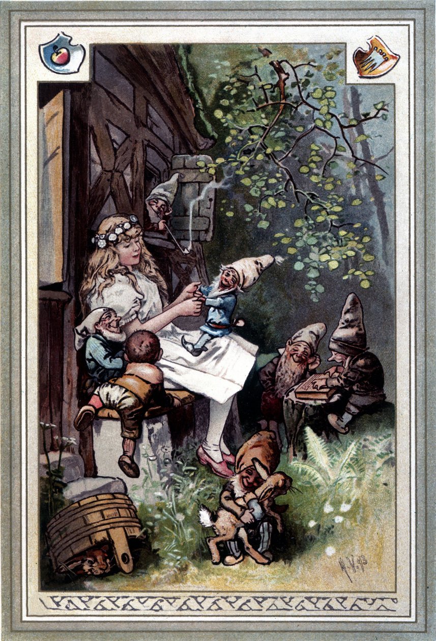 Kinder und hausmarchen (Mese gyermekkorról és otthonról) (1812): a Grimm testvérek meséi. Hermann Vogel 1894-es borítója, amely Hófehérkét és a hét törpét ábrázolja. alkotó: Hermann Vogel