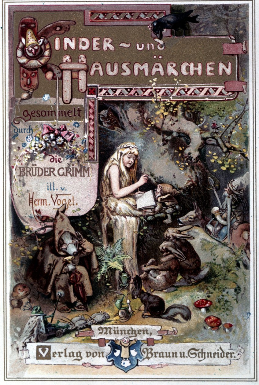 Kinder und hausmarchen (Mese gyermekkorról és otthonról) 1812: a Grimm testvérek meséi. Hermann Vogel 1894-es borítója, amely Hófehérkét ábrázol. alkotó: Hermann Vogel