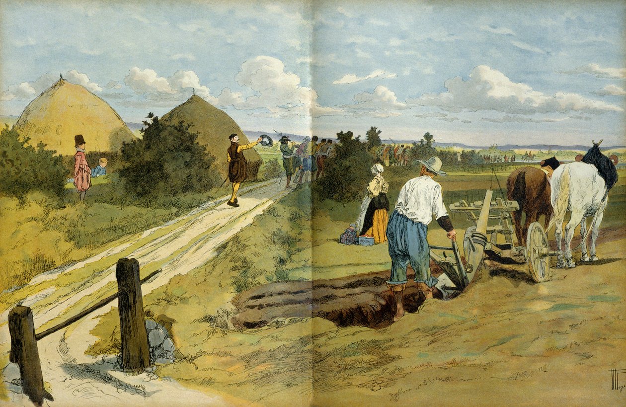 A parasztok látták a IV. Henrik (1553-1610) uralkodói serege által elfogott martalócok és fosztogatók átvonulását. Ábra alkotó: Hermann Vogel