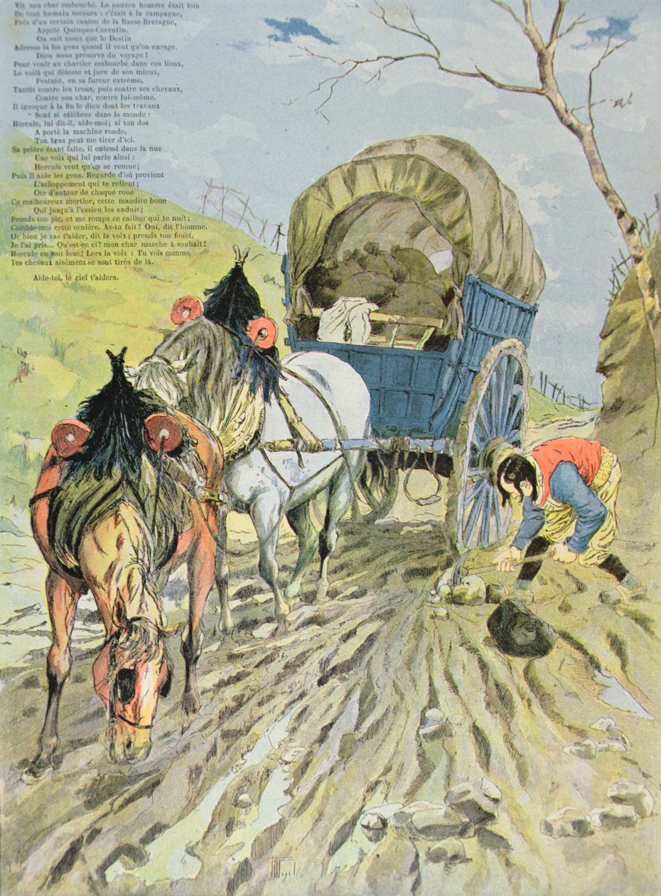 A sárba ragadt kocsi, Jean de La Fontaine (1621-95) meséiből, 1888 (színes metszet) alkotó: Hermann Vogel
