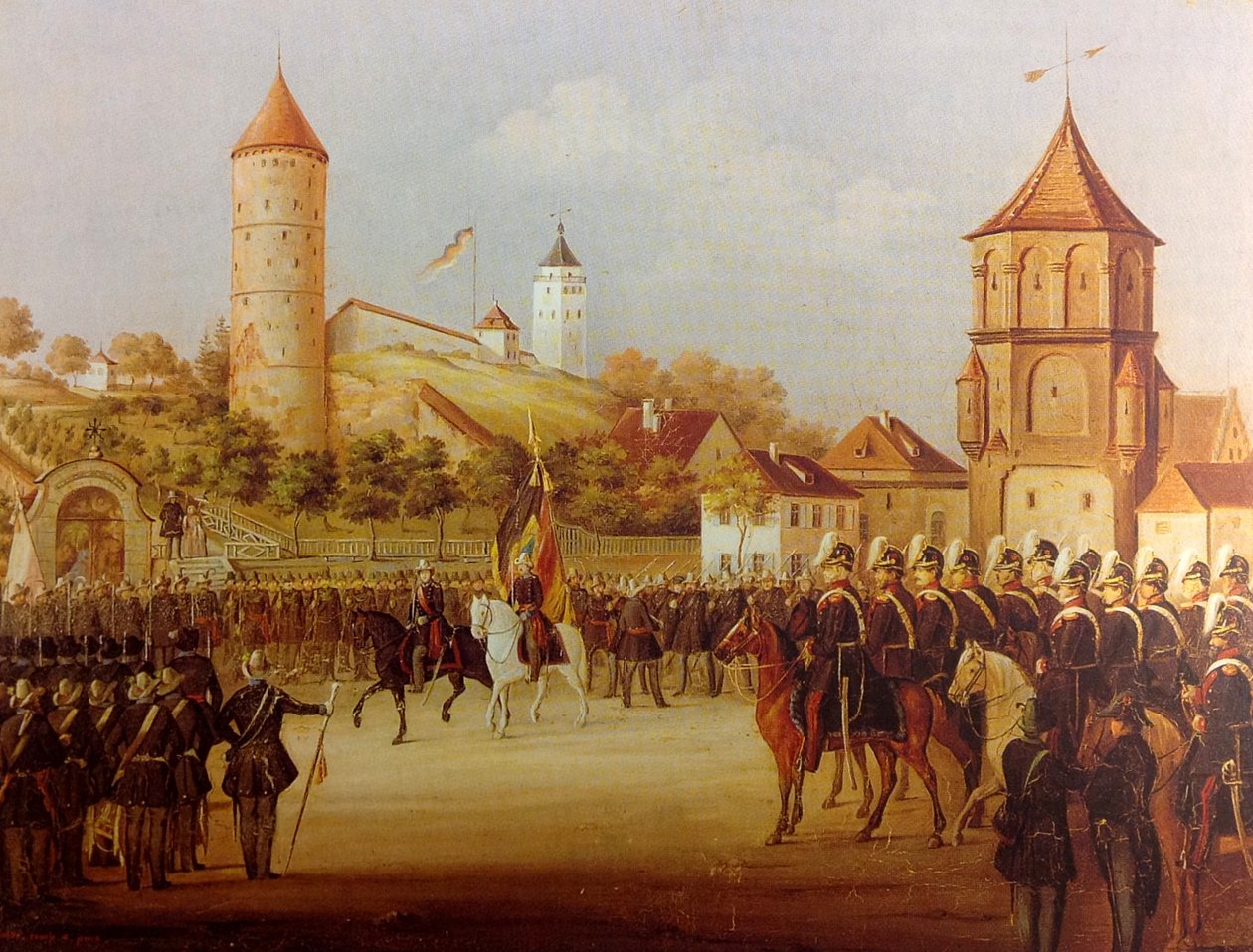 Hermann Volz A biberachi milícia felvonulása a Riedlinger Toron 1849-ben alkotó: Hermann Volz