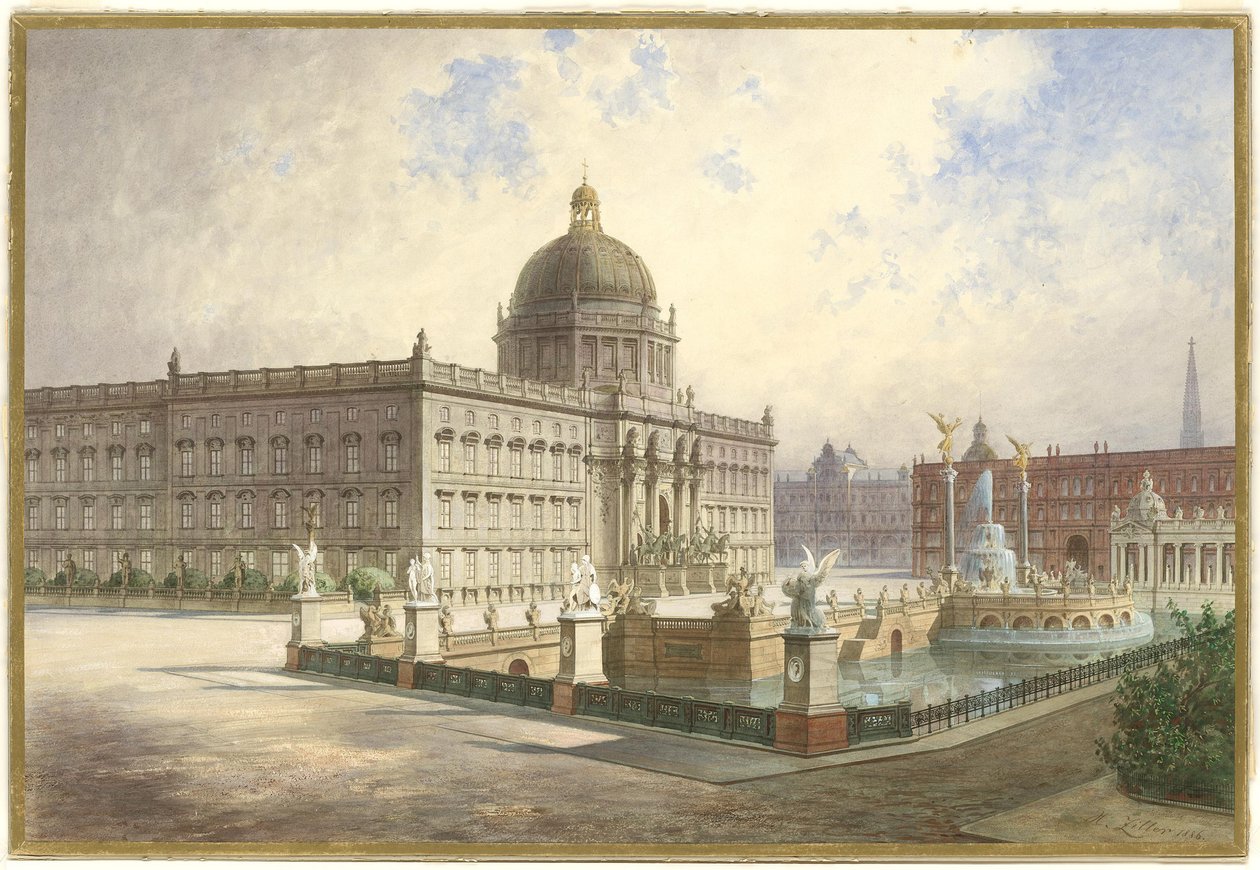 A Berliner Stadtschloss. Kilátás a palota homlokzatára a palotahídról, 1886 alkotó: Hermann Ziller