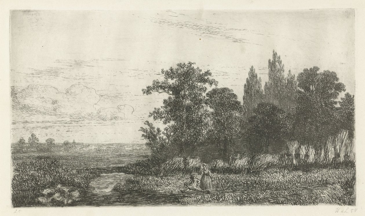 Férfi és nő egy patak mellett az erdő szélén alkotó: Hermanus Jan Hendrik van Rijkelijkhuysen