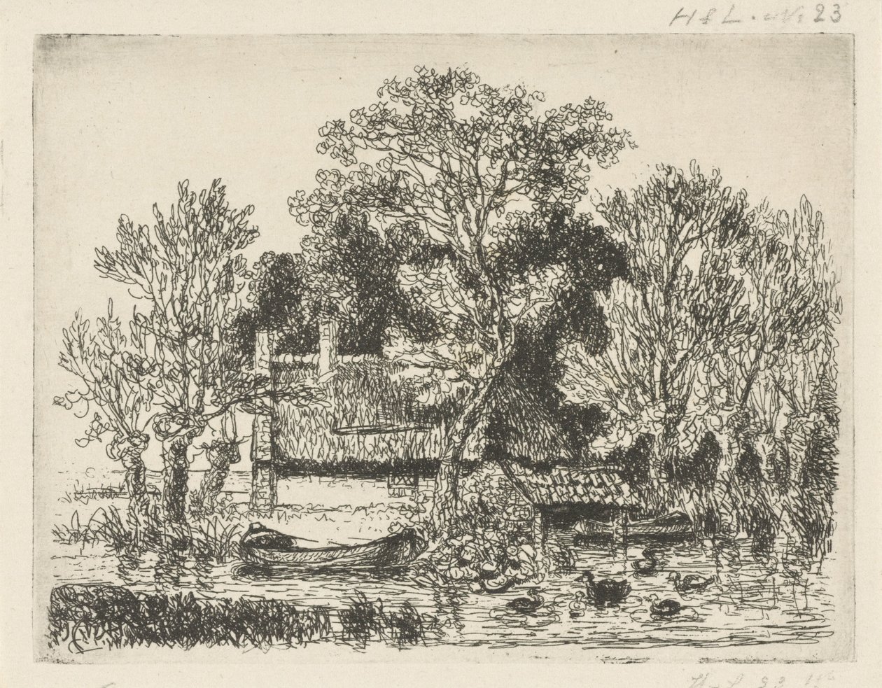 Kilátás a folyóra, bárkával és kacsákkal alkotó: Hermanus Jan Hendrik van Rijkelijkhuysen