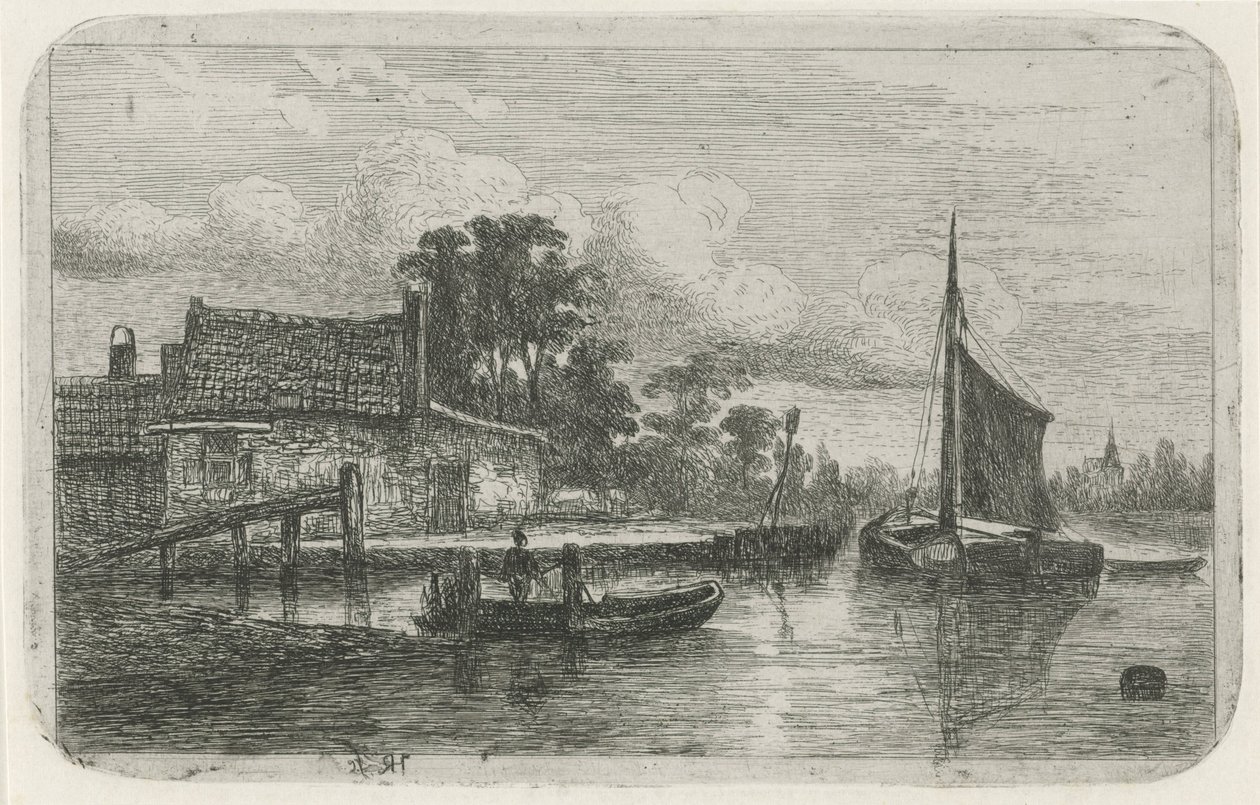 Vitorlás hajó a vízparton alkotó: Hermanus Jan Hendrik van Rijkelijkhuysen