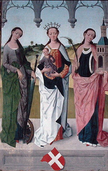 Szent Katalin, Szűz Mária és Szent Borbála, a Szent Miklós-templom főoltáráról, 1481 (részlet) (lásd: 197688-90, 197692) alkotó: Hermen Rode