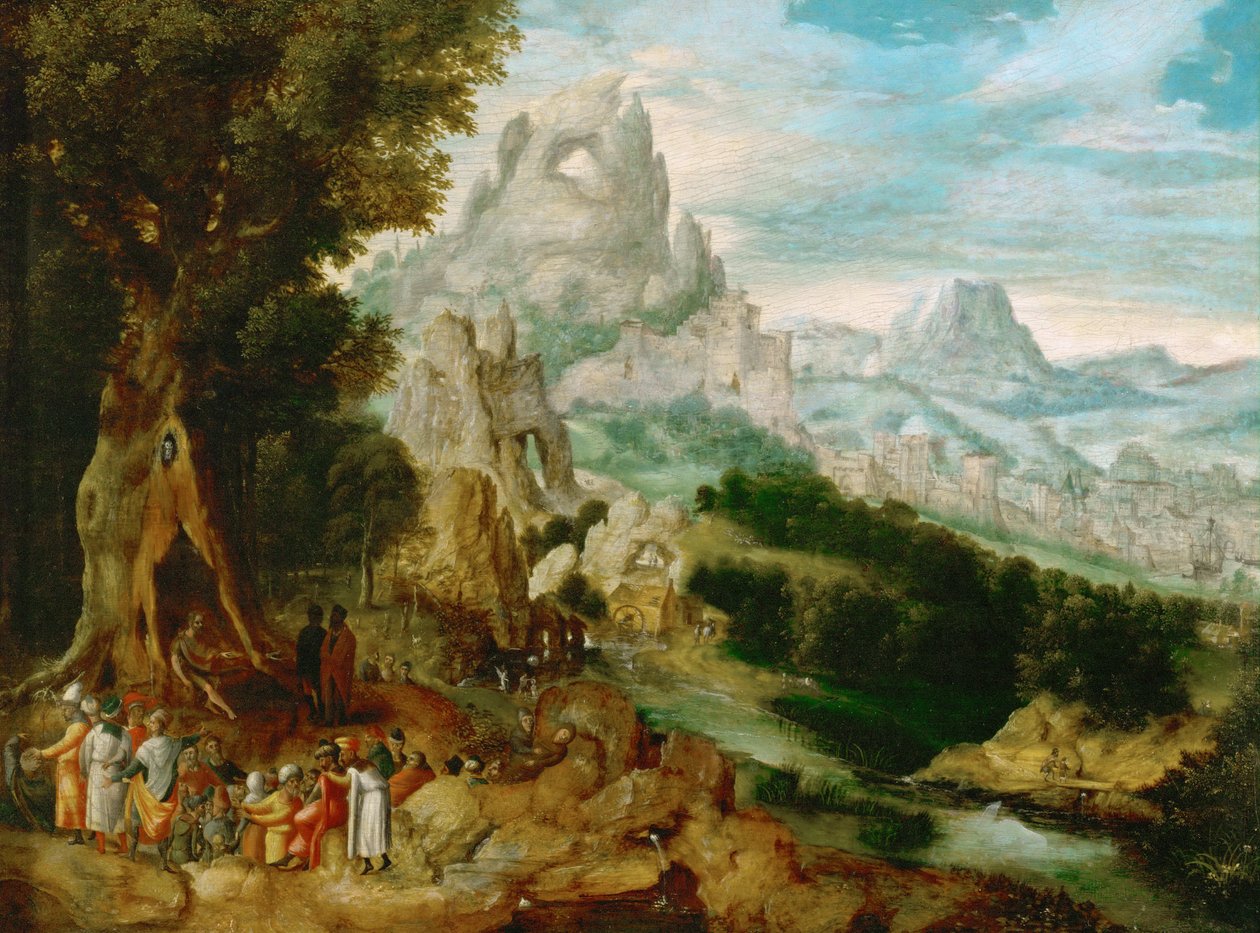 Paysage avec Saint Jean Baptiste prechant - Táj Keresztelő Szent János prédikációjával, Herri met de Bles (Henri Bles) (1510-1550). Olaj, fa, kb. 1535-1540. Mérete: 29x39 cm. Művészettörténeti Múzeum, Vienne alkotó: Herri met de (c.1510 p.1550) Bles