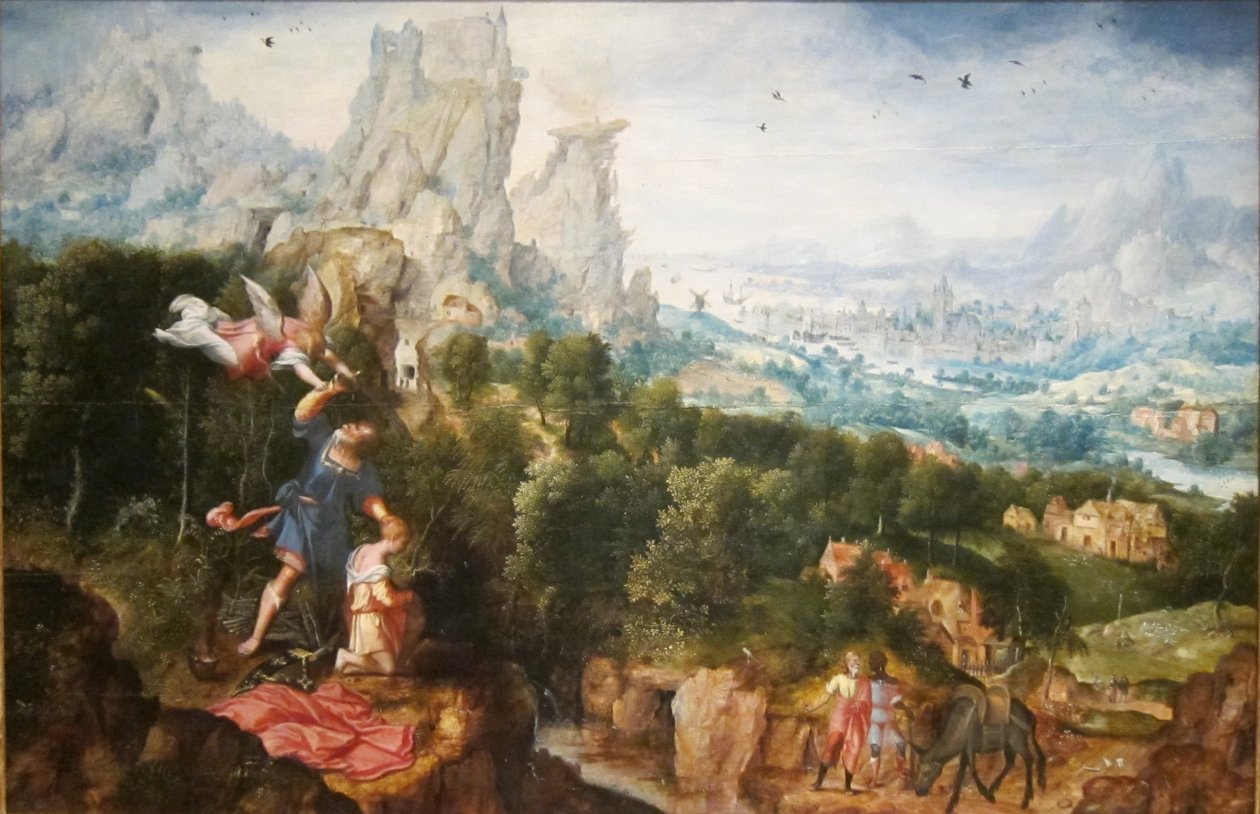 Amikor Ábrahám felemeli a kezét, hogy megölje Izsákot, egy angyal visszatartja Ábrahám kezét (1Mózes 22:10). alkotó: Herri met de Bles