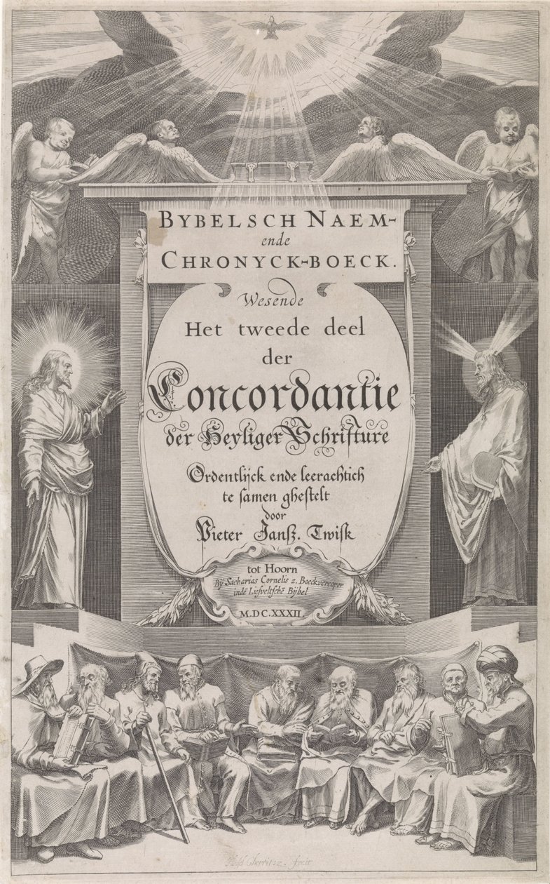 A „Bijbelsch Naem-en Chronijckboek” címlapja, 1632 Bibliai név- és krónikakönyv (cím a tárgyon) alkotó: Hessel Gerritsz