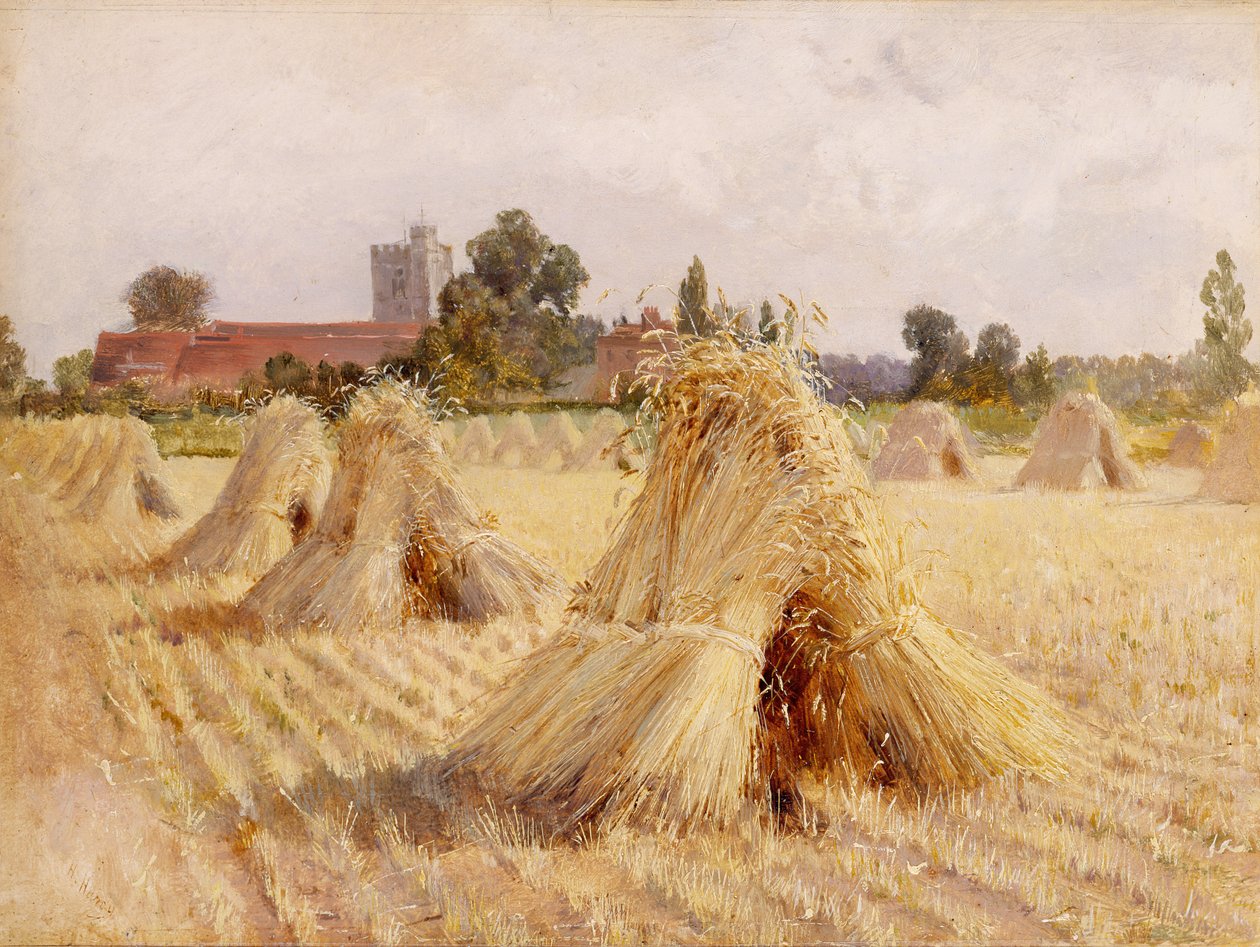 Corn Stooks by Bray Church, 1872 (olaj, papír, kartonra fektetve) alkotó: Heywood Hardy