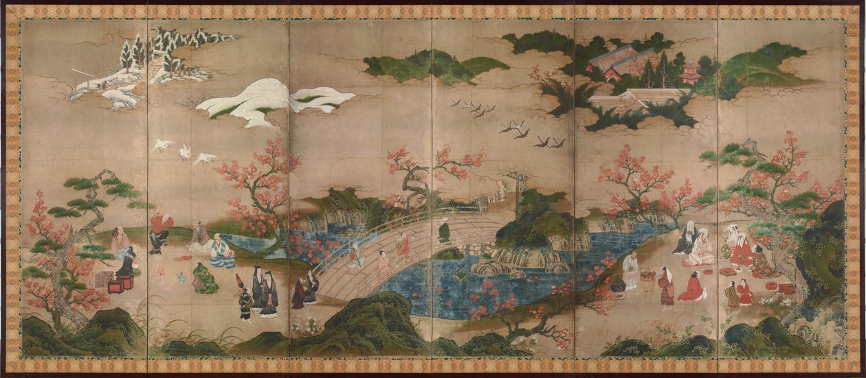 Les spectators des erables (Mapple Viewers) - Hatpaneles képernyő - Kano Hideyori munkája (aktív 1565-1576), akvarell és tinta papíron - Japán művészet alkotó: Hideyori Kano