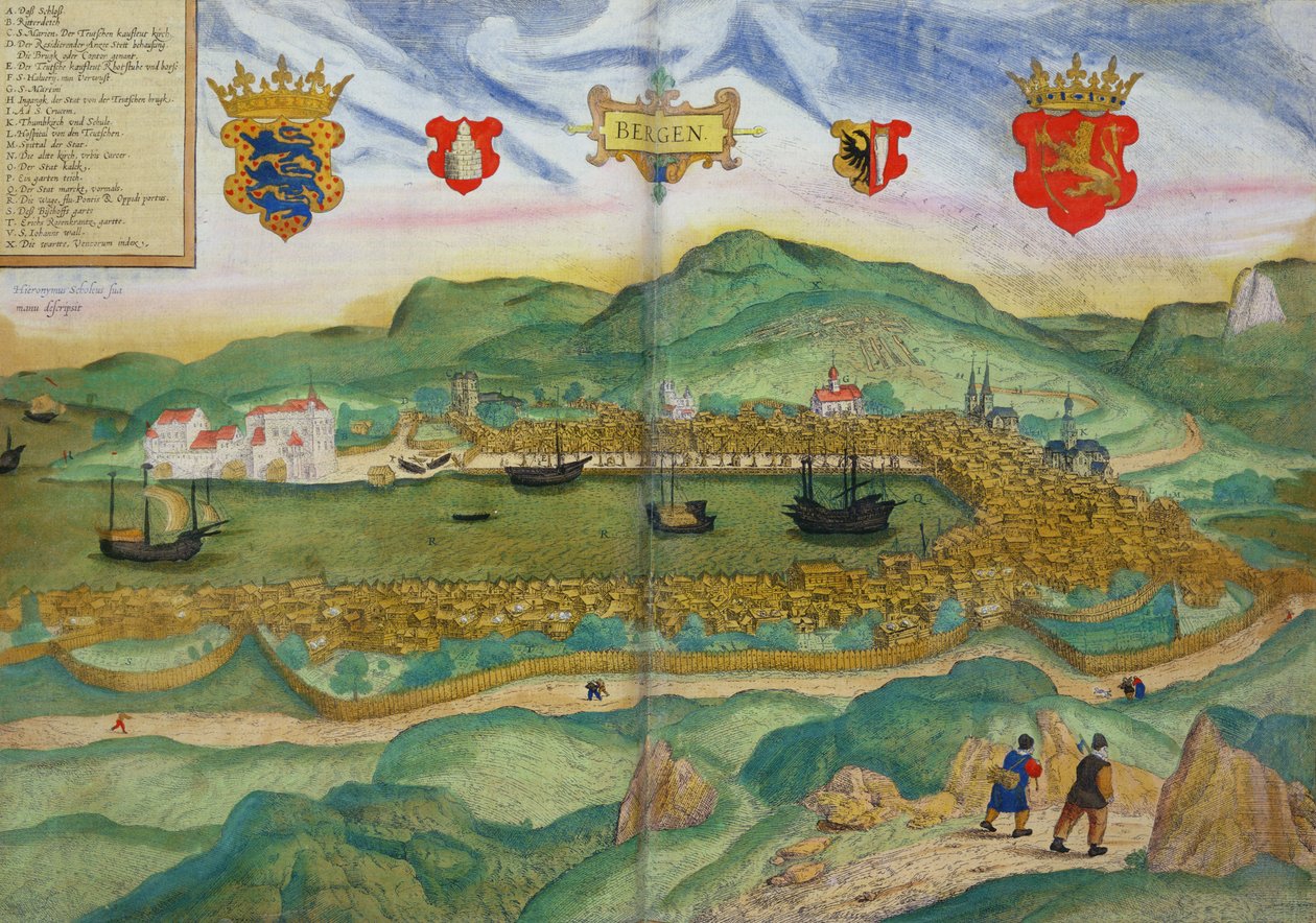 Bergen térképe, Georg Brau (1541-1622) és Franz Hogenberg (1535-90) „Civitates Orbis Terrarum”-ból, 1571-1600 körül alkotó: Hieronymous Scholeus
