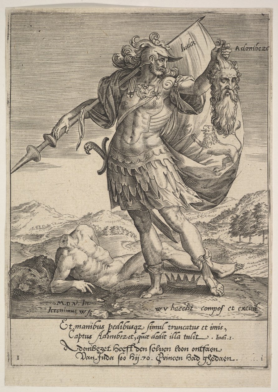 Júda Adonibezek fejével, Willem van Haechtből, Tyrannorum proemia, 1578, 1578 alkotó: Hieronymous Wierix