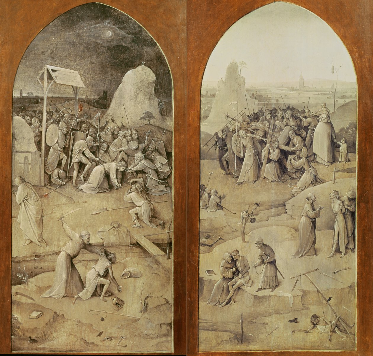 Krisztus a kálváriába vezető úton, a Szent Antal megkísértése triptichon külső panelei alkotó: Hieronymus Bosch