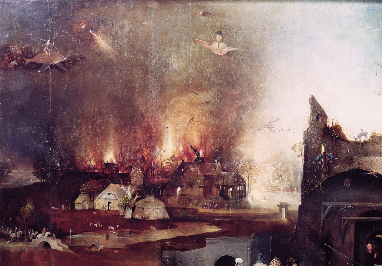Részlet a lángokban álló faluról, a Szent Antal megkísértése központi táblájáról alkotó: Hieronymus Bosch