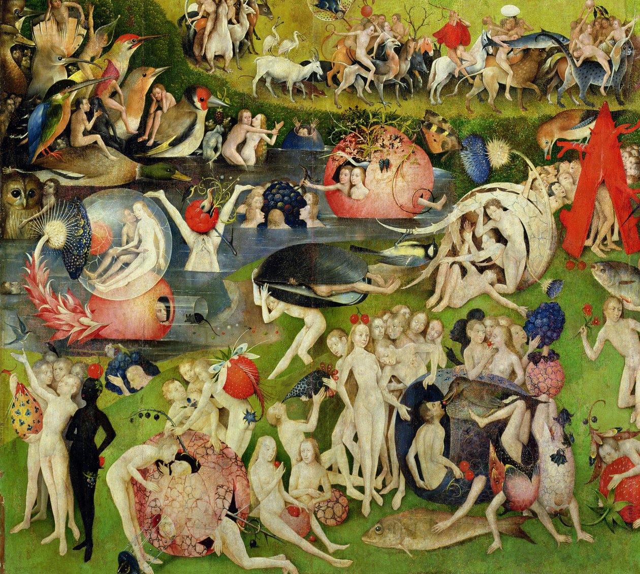 A Földi örömök kertje: A luxus allegóriája, triptichon központi panelje, 1500 körül (420 részlet) alkotó: Hieronymus Bosch
