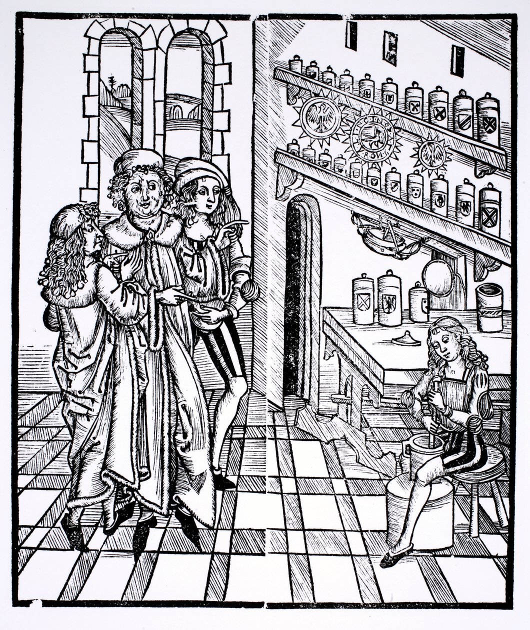 Patika bolt, a „Das Buch der Cirugia” című kiadványból, Strasbourgban, 1497 alkotó: Hieronymus Brunschwig