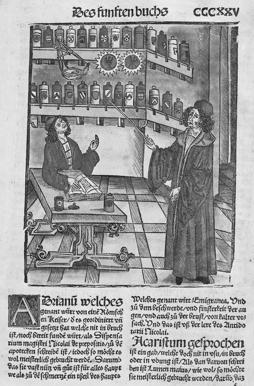 Patika bolt, a „Das Buch der Cirugia”-ból, Strasbourgban, 1497 alkotó: Hieronymus Brunschwig