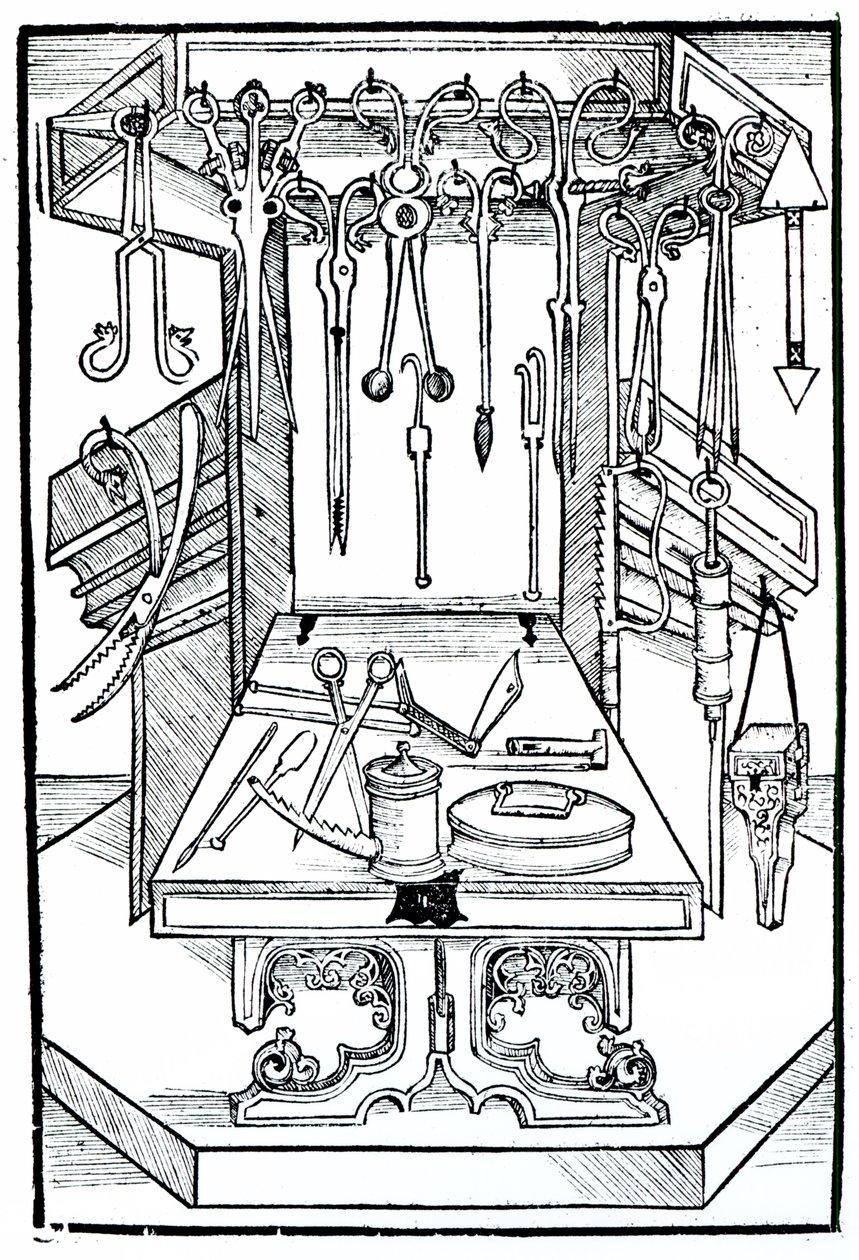Műtőasztal és sebészeti műszerek, a „Das Buch der Cirugia”-ból, kiadva Strasbourgban, 1497 alkotó: Hieronymus Brunschwig