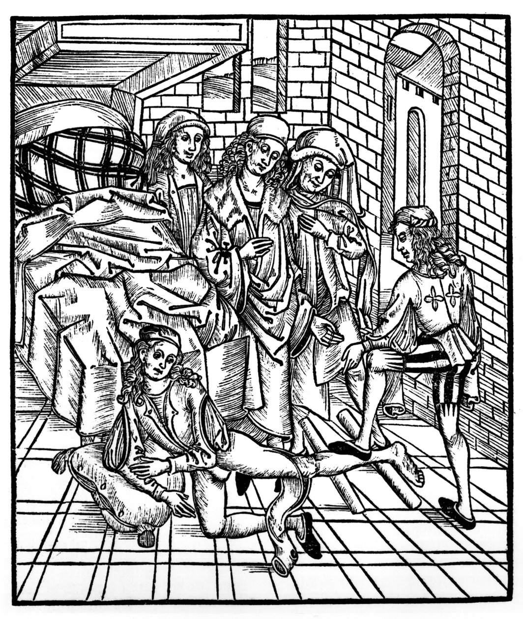 A sebész irányítja, mint asszisztens, hogy eltöri és visszaállítja a lábát, a „Das Buch der Cirugia” című könyvből, Strasbourg, 1497 alkotó: Hieronymus Brunschwig