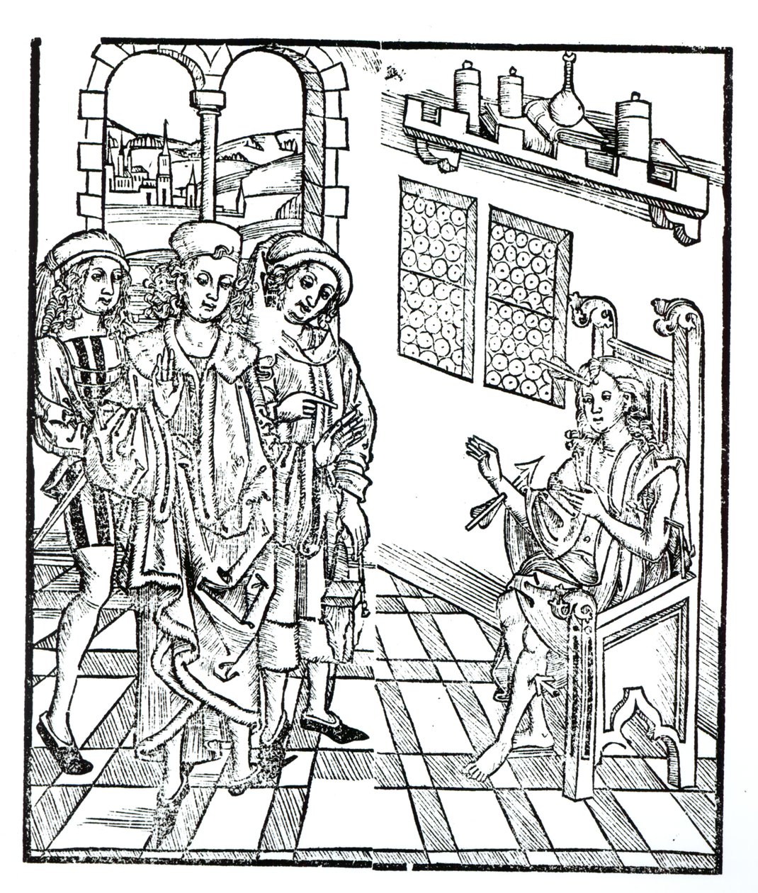 Sebész meglátogat egy férfit, akinek nyílvesszője van, a „Das Buch der Cirugia” című kiadványból, Strasbourgban, 1497 alkotó: Hieronymus Brunschwig