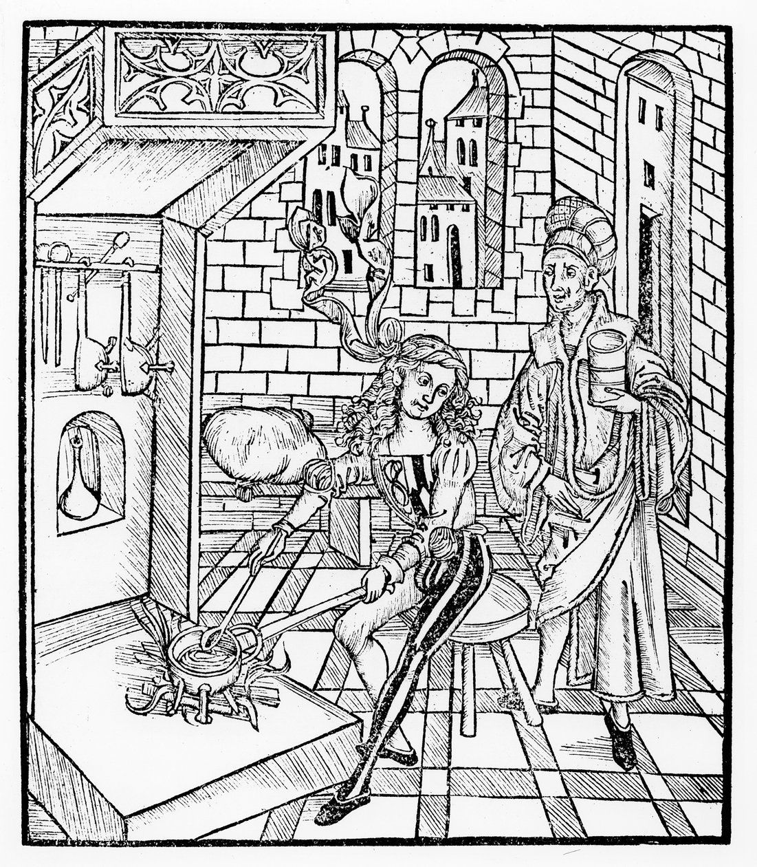 Sebész asszisztens melegítő gyógyszer, a „Das Buch der Cirugia”-ból, kiadva Strasbourgban, 1497 alkotó: Hieronymus Brunschwig