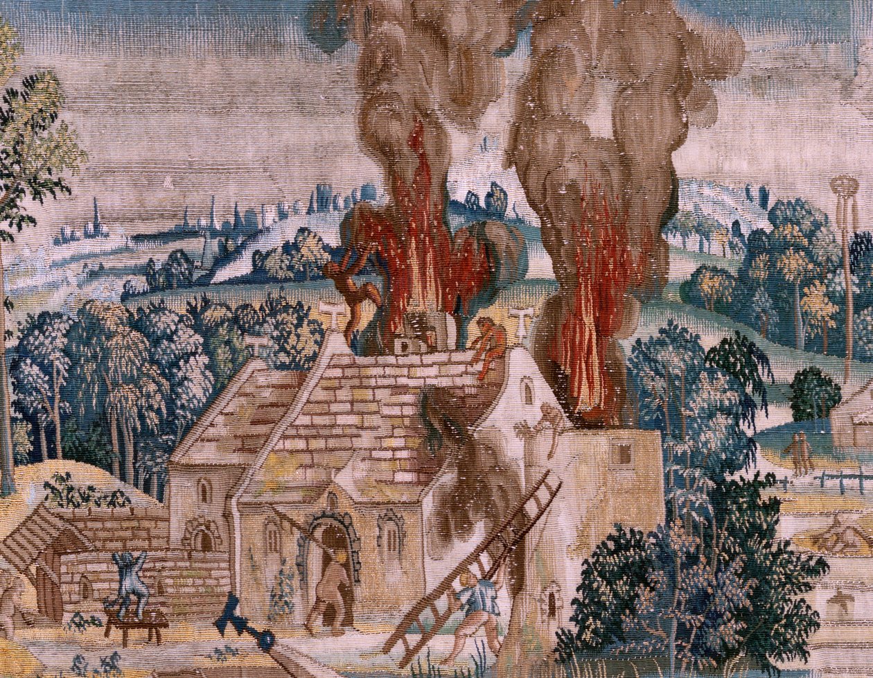 Flamand kárpit. Sorozat Négy gobelin Hieronymus Bosch nyomán. Szent Antal imában (San Antonio en oración). A sorozat második kárpitja. Modell Hieronymus Bosch munkája ihlette. Gyártás Ismeretlen műhely, Brüsszel. 1560 előtt Fabric Go alkotó: Hieronymus (after) Bosch