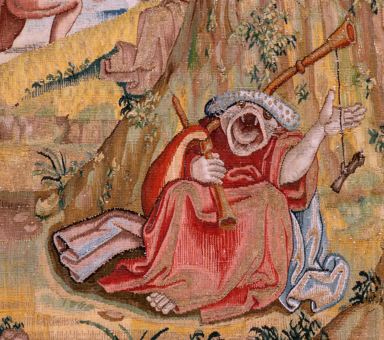 Flamand kárpit. Sorozat Négy gobelin Hieronymus Bosch nyomán. Szent Antal imában (San Antonio en oración). A sorozat második kárpitja. Modell Hieronymus Bosch munkája ihlette. Gyártás Ismeretlen műhely, Brüsszel. 1560 előtt Fabric Go alkotó: Hieronymus (after) Bosch