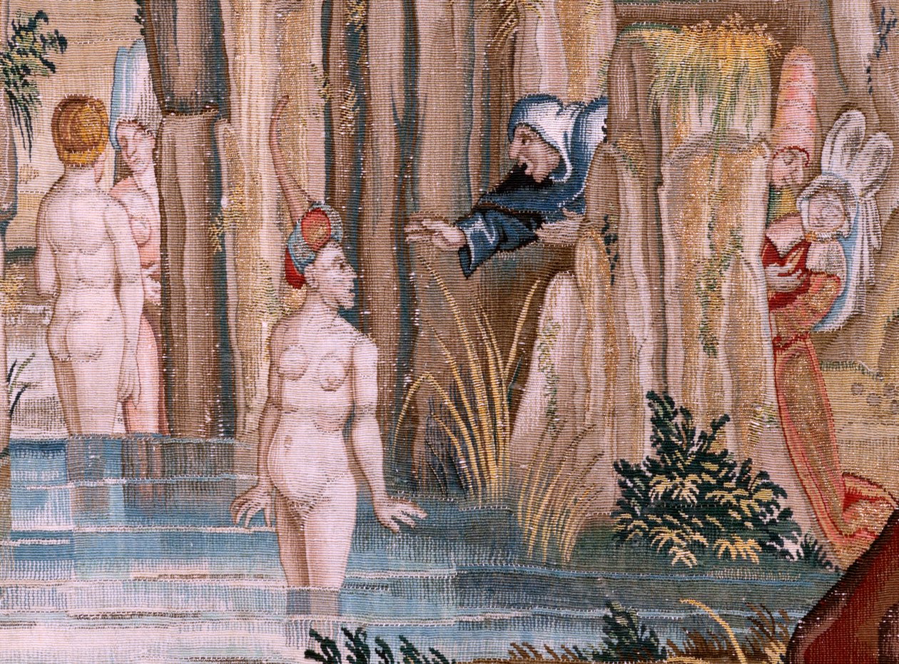 Flamand kárpit. Sorozat Négy gobelin Hieronymus Bosch nyomán. Szent Antal imában (San Antonio en oración). A sorozat második kárpitja. Modell Hieronymus Bosch munkája ihlette. Gyártás Ismeretlen műhely, Brüsszel. 1560 előtt Fabric Go alkotó: Hieronymus (after) Bosch