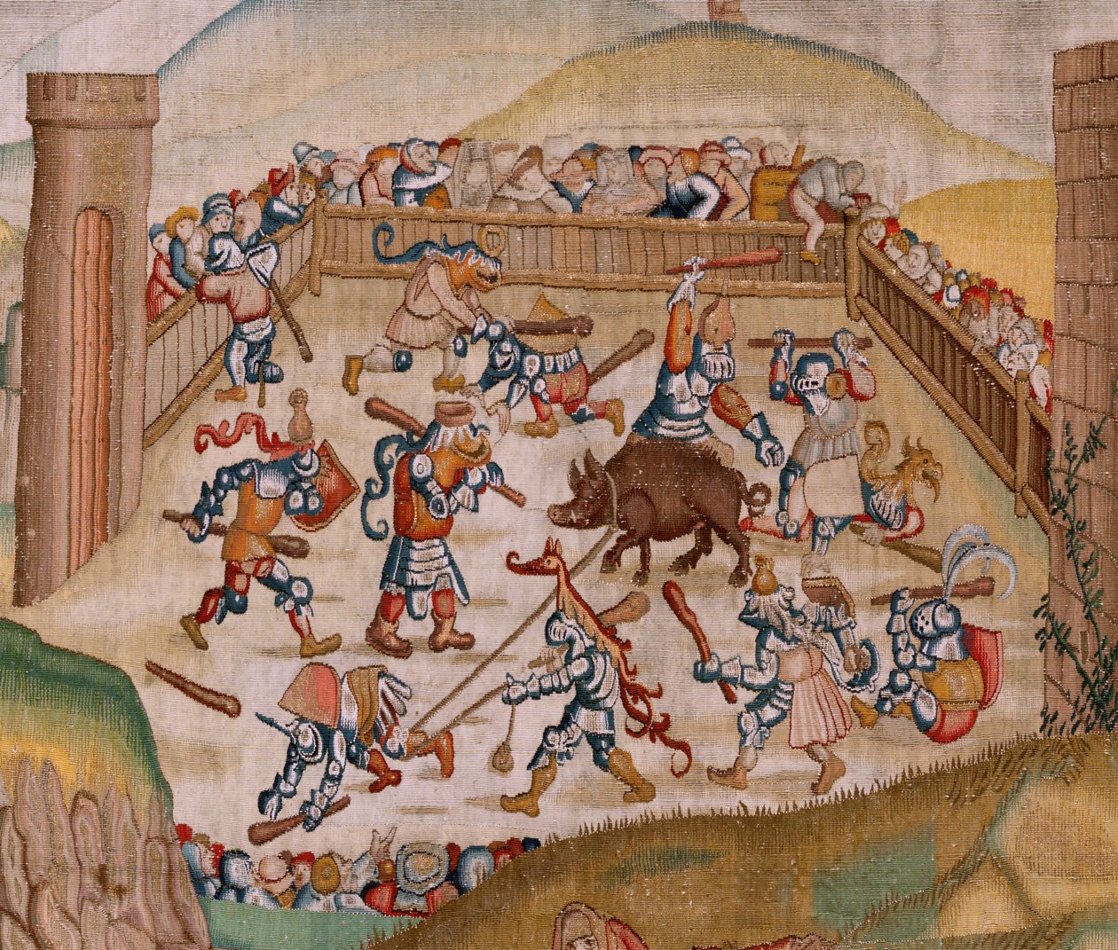 Flamand kárpit. Sorozat Négy gobelin Hieronymus Bosch nyomán. Szent Márton (San Martín). A sorozat első gobelinje. Modell Hieronymus Bosch munkája ihlette. Gyártás Ismeretlen műhely, Brüsszel. 1560 előtt. Szövet Arany, ezüst, selyem és woo alkotó: Hieronymus (after) Bosch