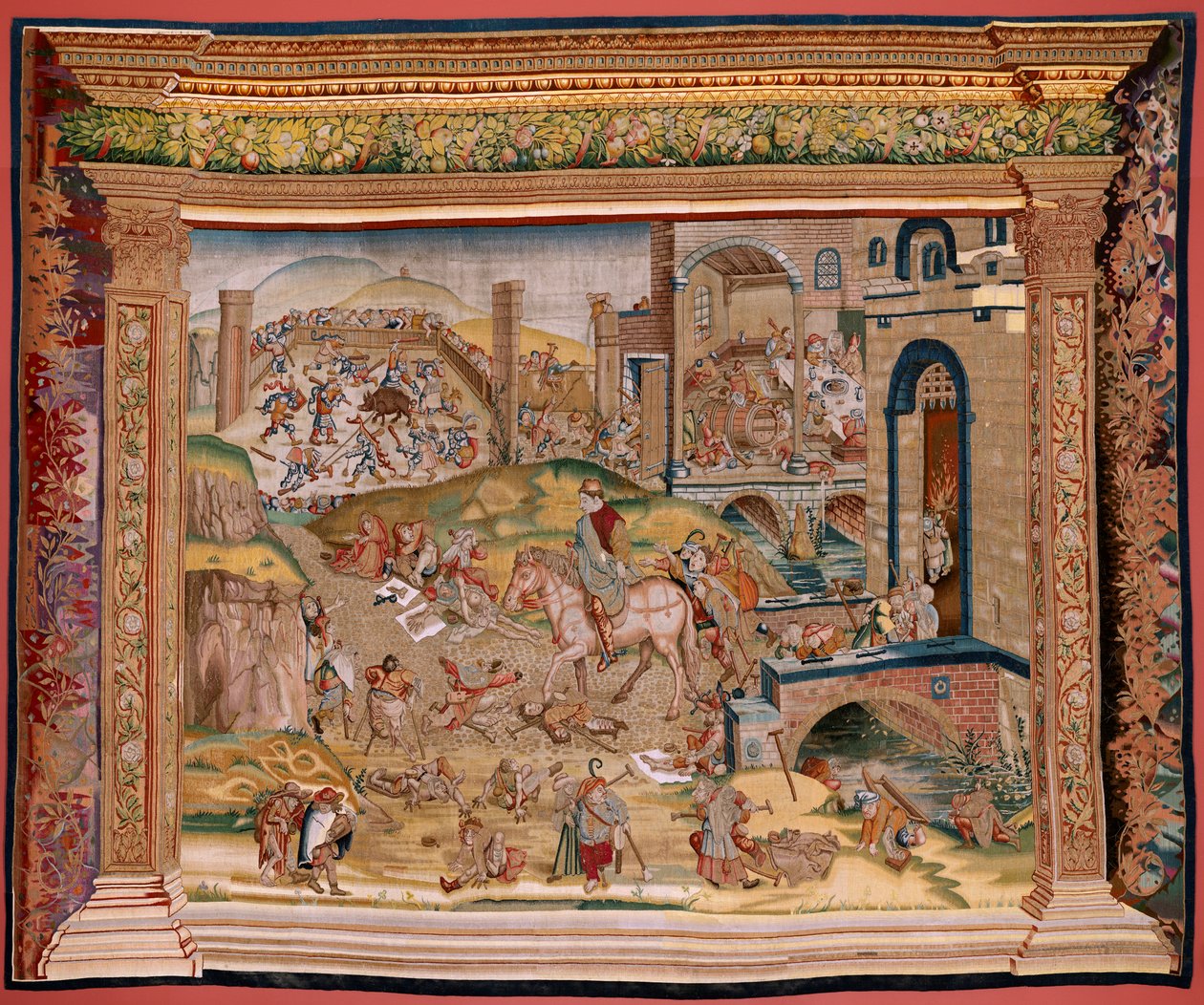 Flamand kárpit. Sorozat Négy gobelin Hieronymus Bosch nyomán. Szent Márton (San Martín). A sorozat első gobelinje. Modell Hieronymus Bosch munkája ihlette. Gyártás Ismeretlen műhely, Brüsszel. 1560 előtt. Szövet Arany, ezüst, selyem és woo alkotó: Hieronymus (after) Bosch