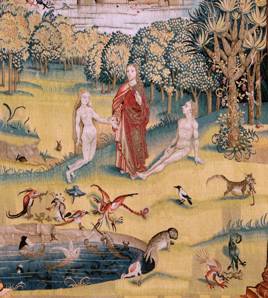 Flamand kárpit. Sorozat Négy gobelin Hieronymus Bosch nyomán. A földi gyönyörök kertje (Jardín de las Delicias). A sorozat negyedik kárpitja. Modell Hieronymus Bosch munkája ihlette. Gyártás Ismeretlen műhely, Brüsszel. 1560 előtt Fa alkotó: Hieronymus (after) Bosch