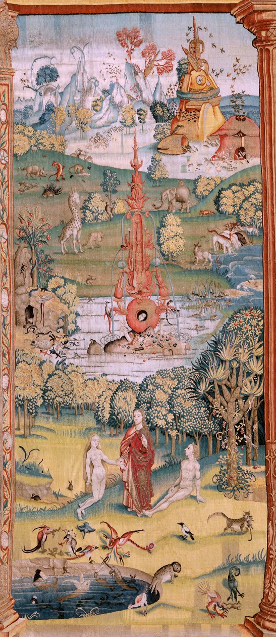 Flamand kárpit. Sorozat Négy gobelin Hieronymus Bosch nyomán. A földi gyönyörök kertje (Jardín de las Delicias). A sorozat negyedik kárpitja. Modell Hieronymus Bosch munkája ihlette. Gyártás Ismeretlen műhely, Brüsszel. 1560 előtt Fa alkotó: Hieronymus (after) Bosch