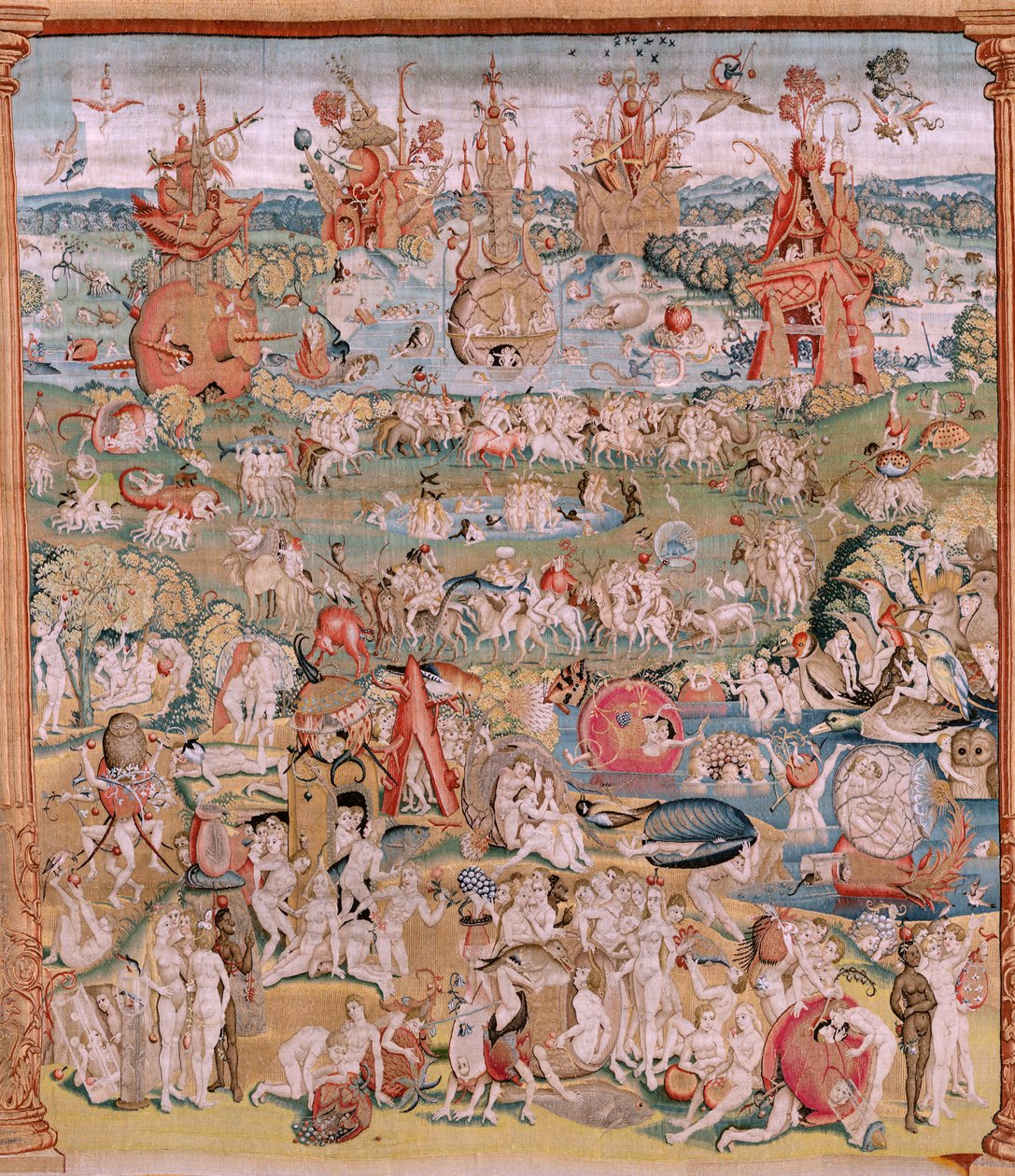 Flamand kárpit. Sorozat Négy gobelin Hieronymus Bosch nyomán. A földi gyönyörök kertje (Jardín de las Delicias). A sorozat negyedik kárpitja. Modell Hieronymus Bosch munkája ihlette. Gyártás Ismeretlen műhely, Brüsszel. 1560 előtt Fa alkotó: Hieronymus (after) Bosch